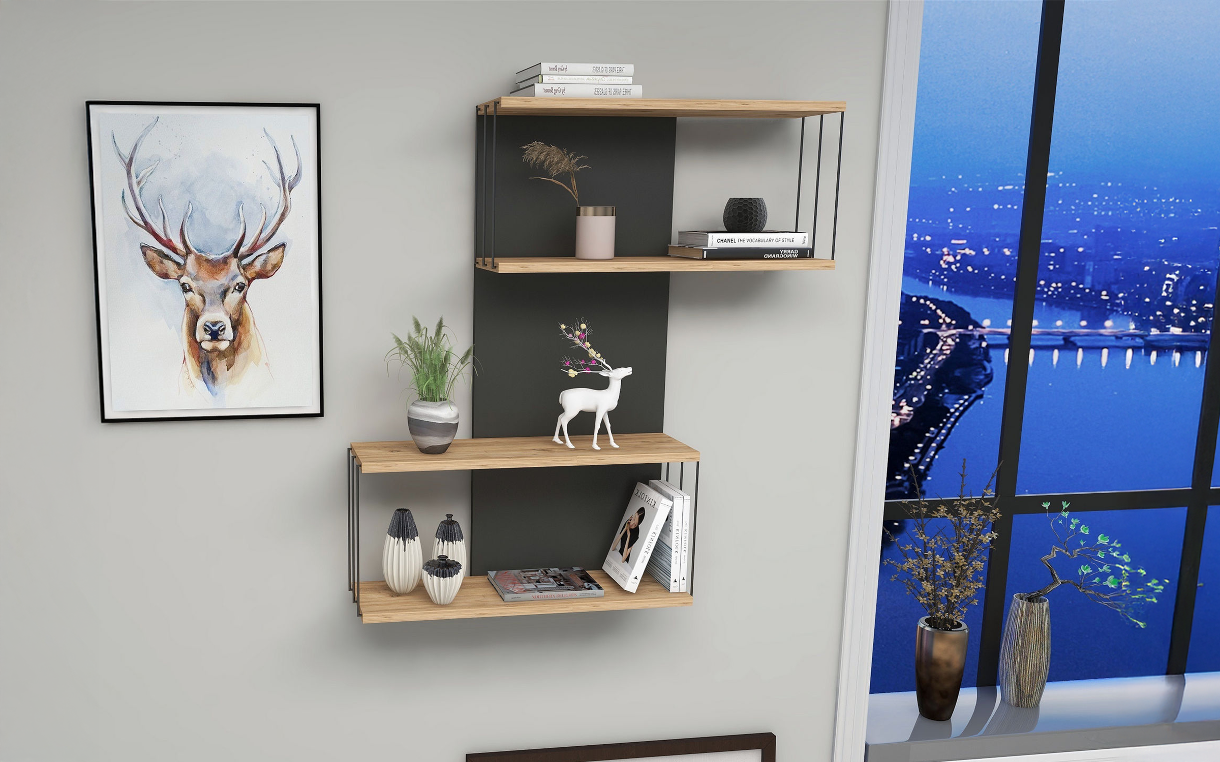 Etajera Desta, antracit + stejar  3